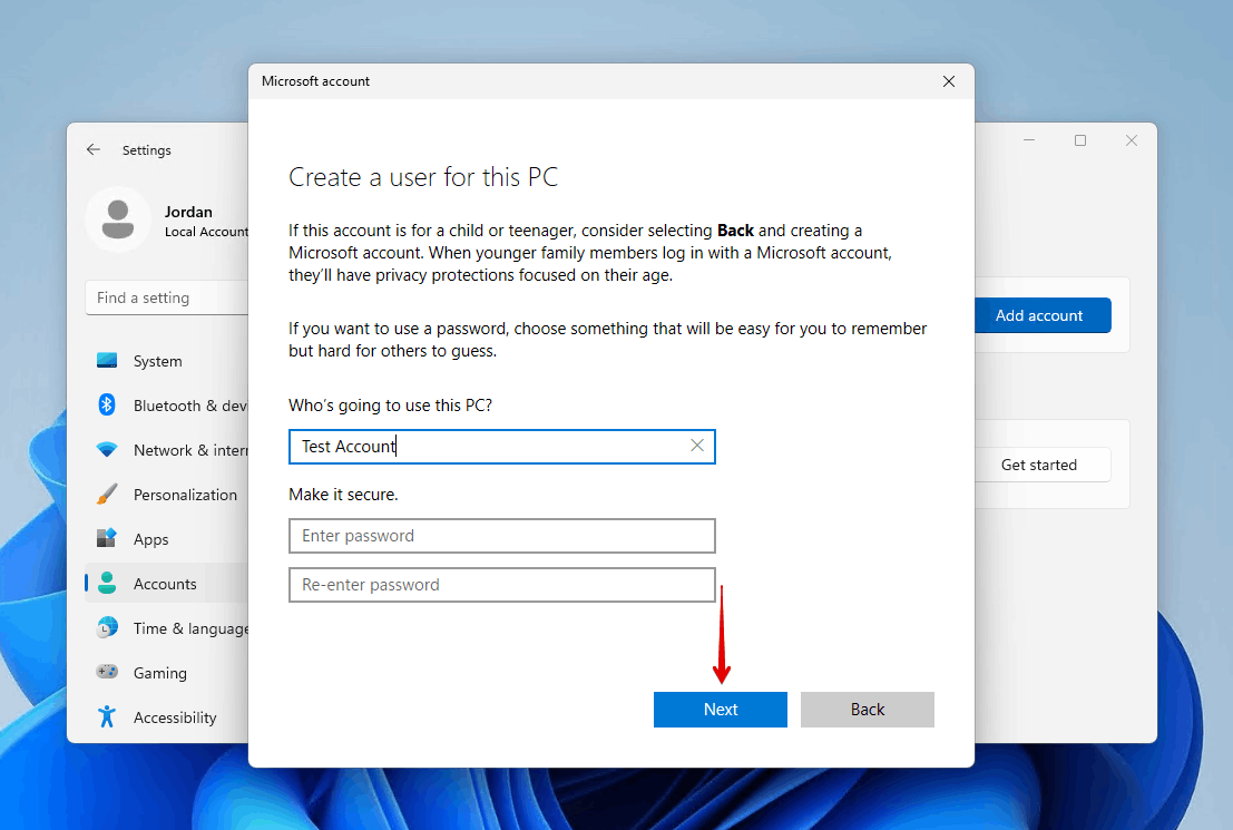 Specifying a name and password.