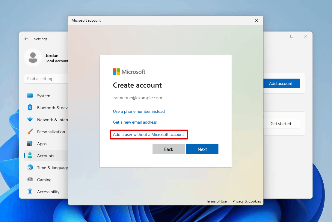 Vaihtoehdon valitseminen ilman Microsoft-tiliä.