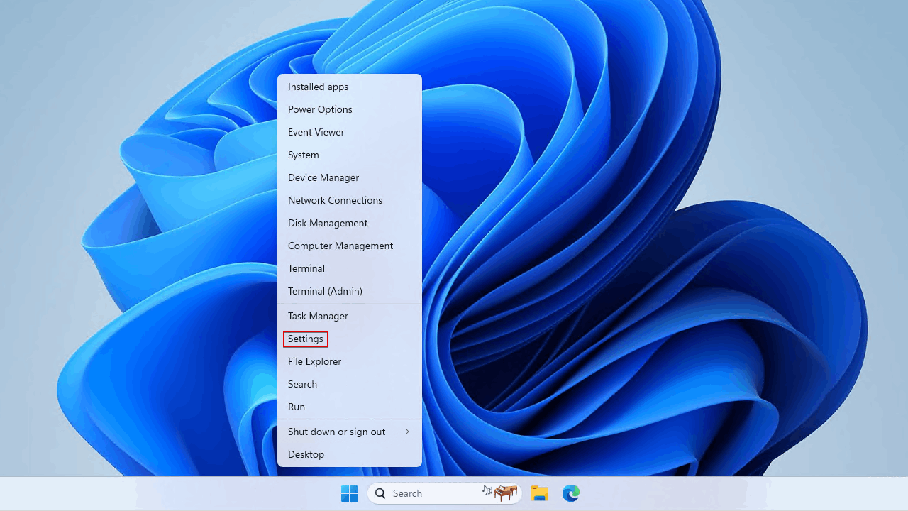 Åbning af Indstillinger på Windows 11.