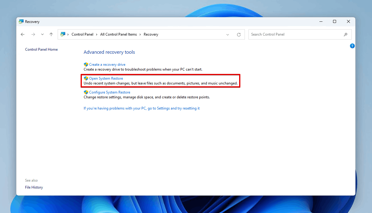 Opening System Restore.