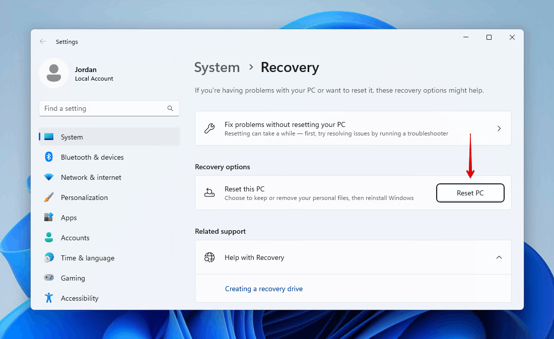 Resetowanie komputera z systemem Windows.