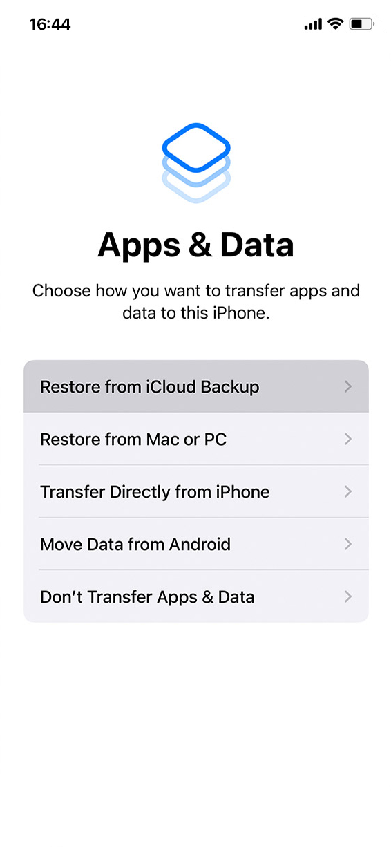 خيار استعادة من نسخة icloud الاحتياطية