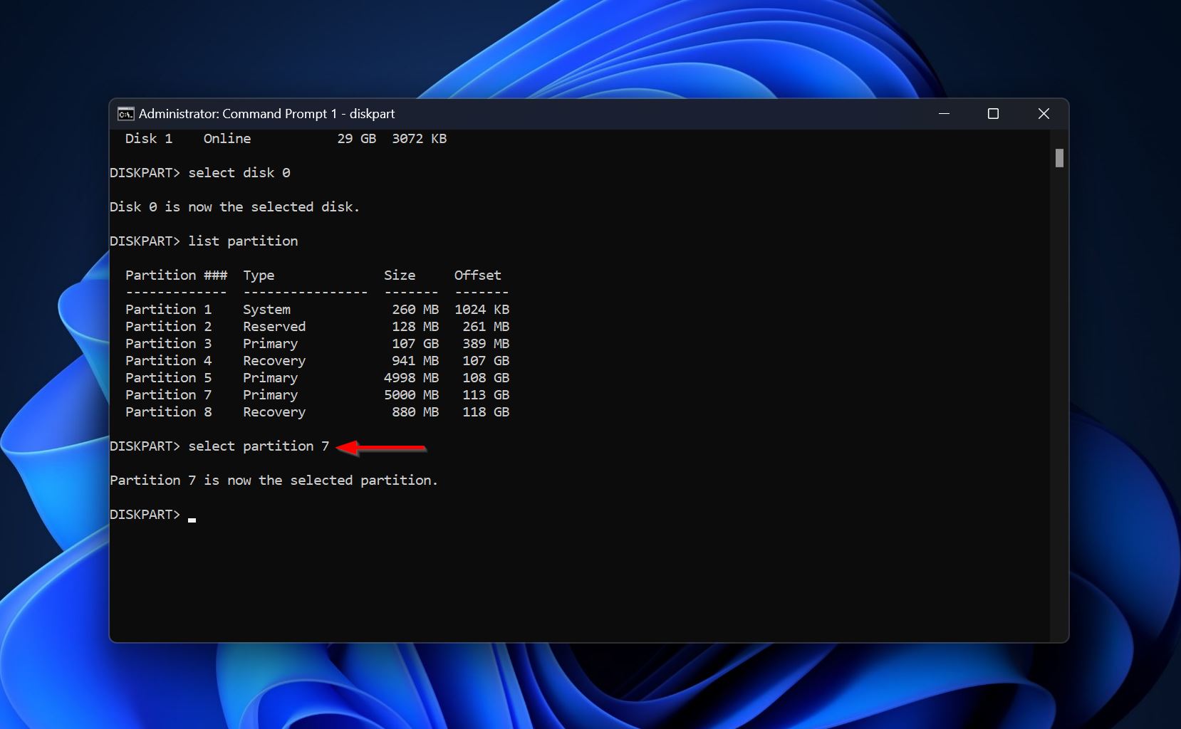 Select partition command.