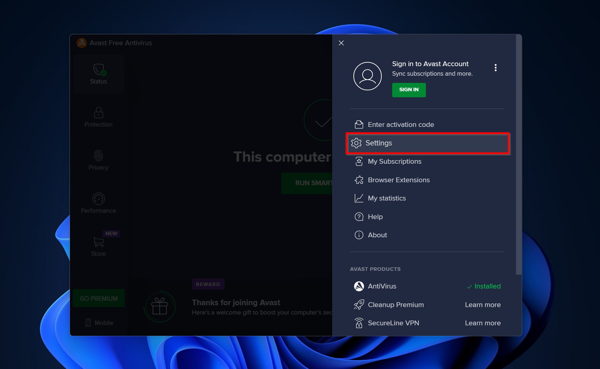 Settings option in Avast.