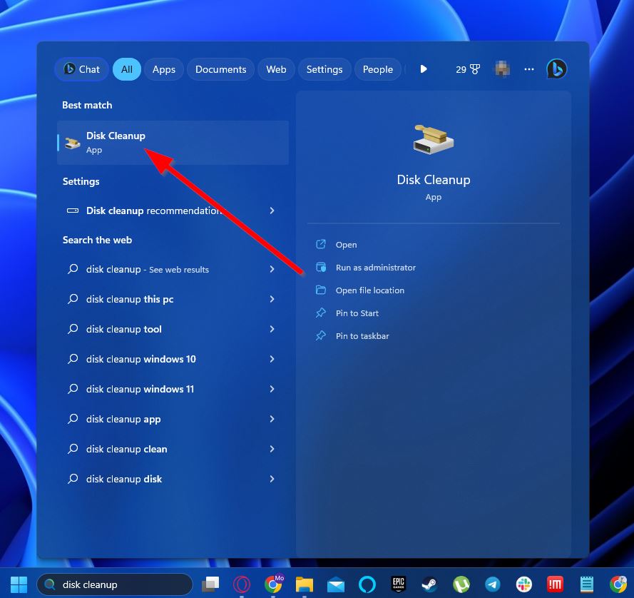 taskbar search diskcleanup