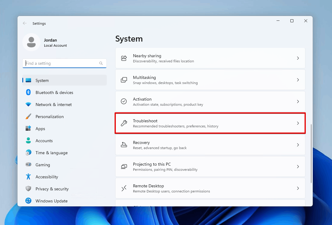 Verificando las opciones de solución de problemas.