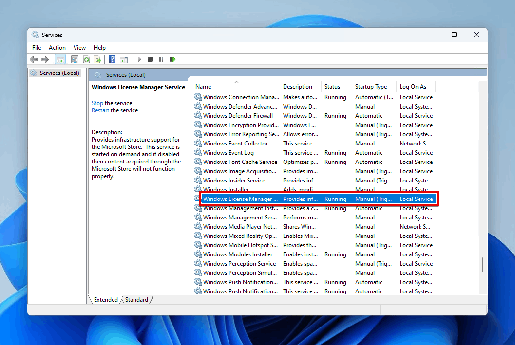 Åbning af Windows License Manager Service.