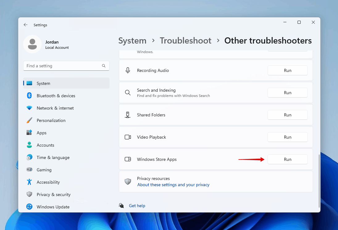 Exécution du dépanneur pour les applications du Windows Store.