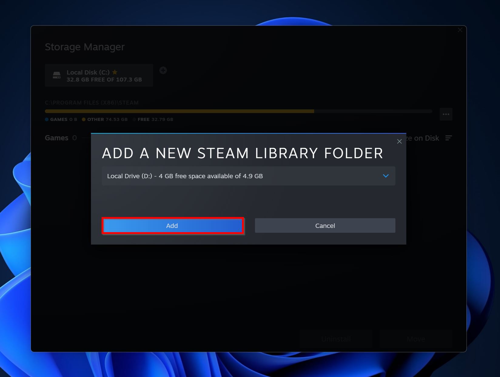 Adicionar uma pasta de biblioteca no Steam.