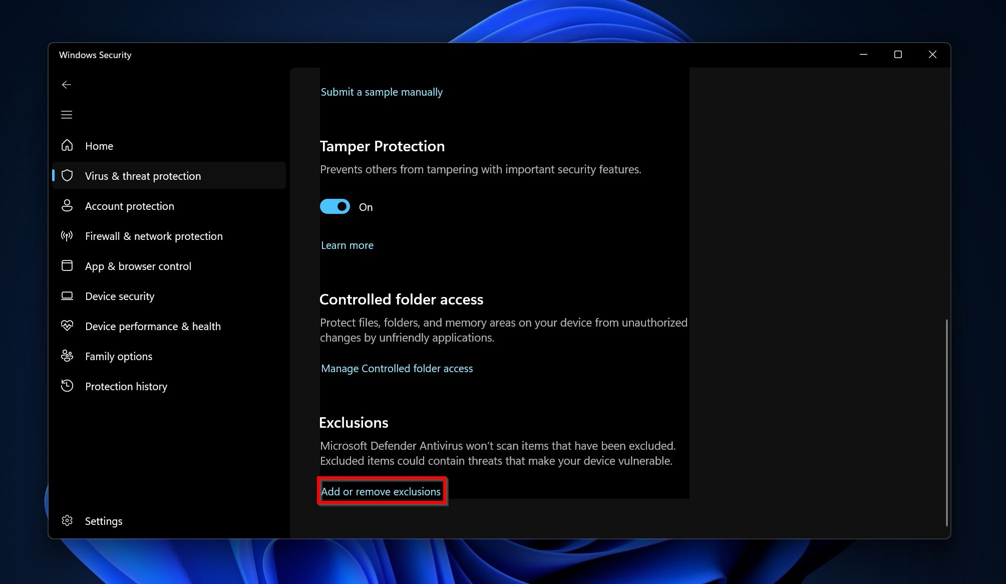 Agregar o quitar exclusiones en Windows Defender.