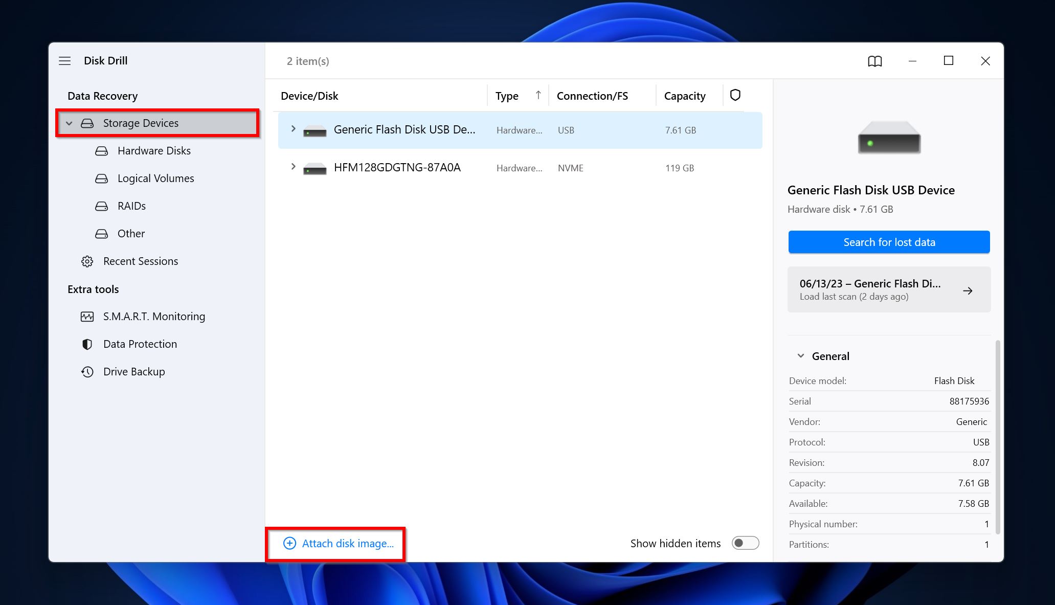 Attach disk image in Disk Drill.