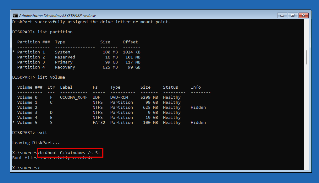 Running the bcdboot command.