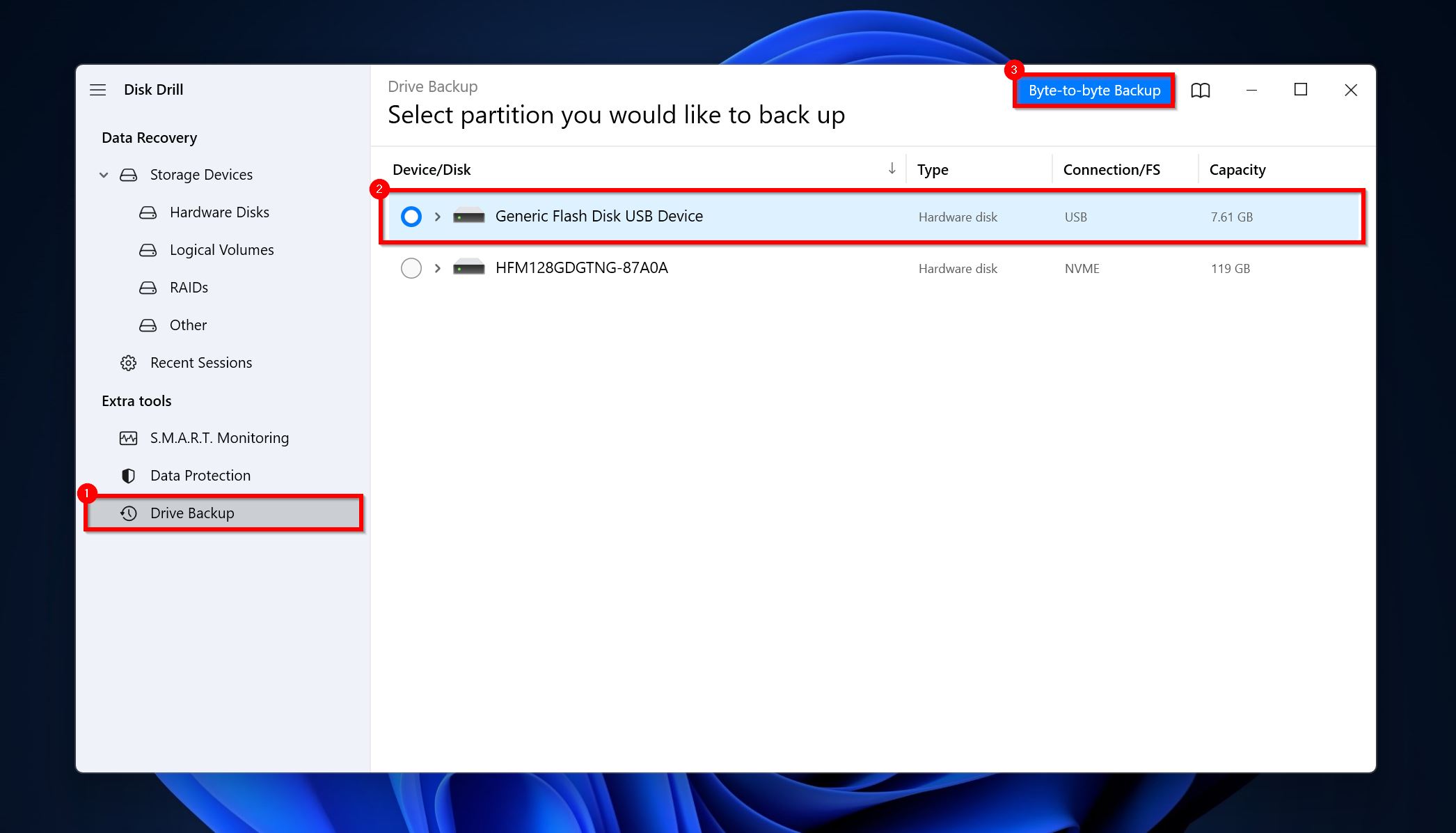 Byte-to-byte Backup screen.