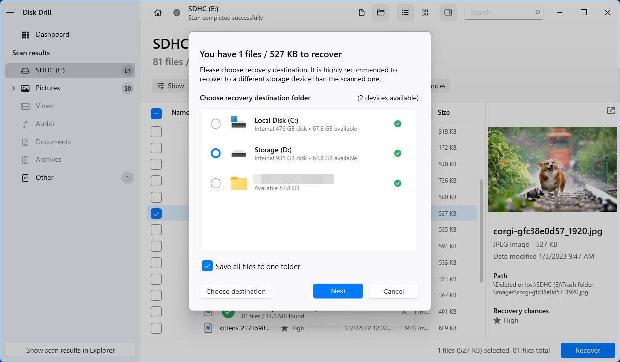 choose a path to recover files