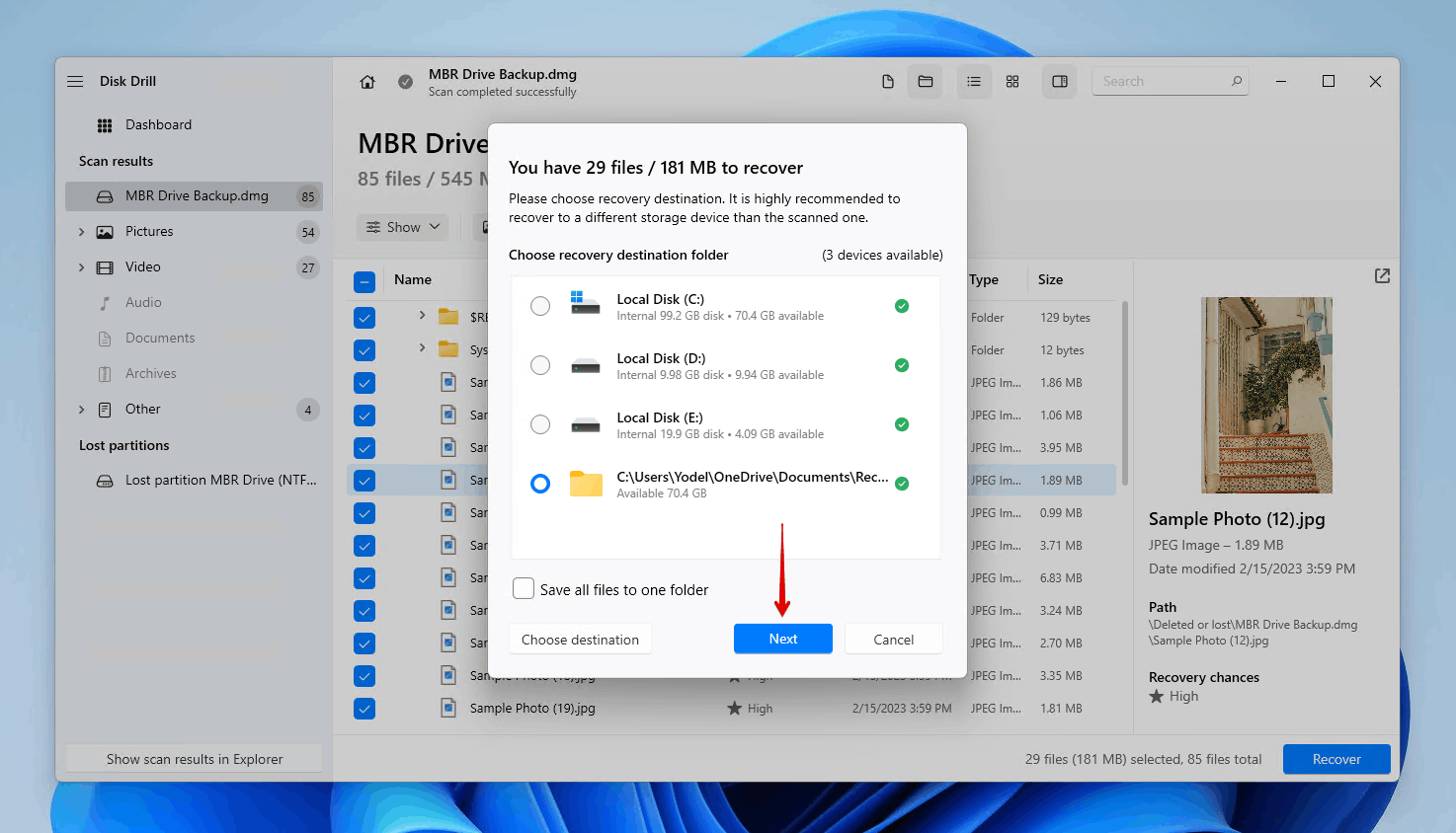 Completing MBR data recovery.