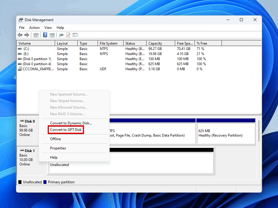 Converting the MBR disk to GPT.