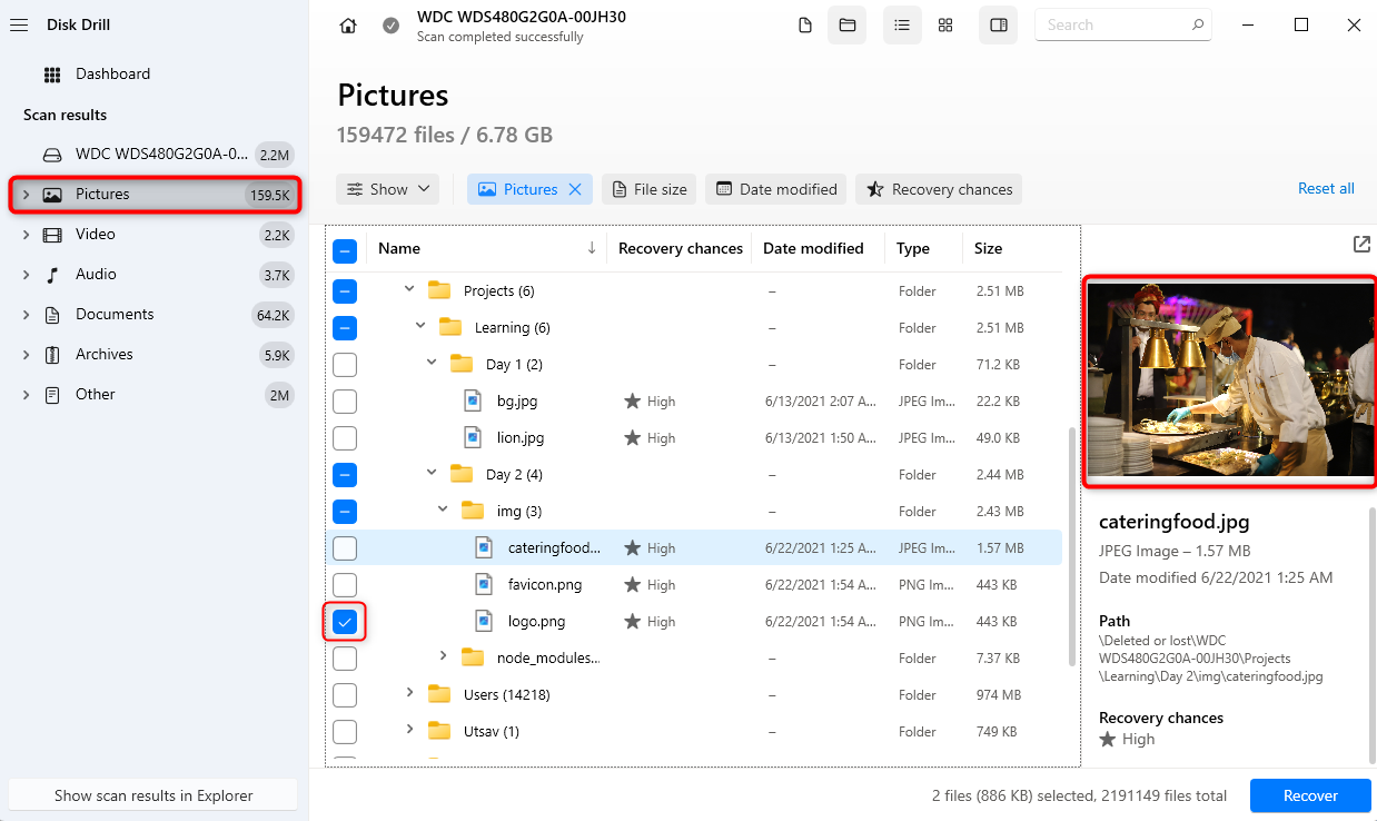 Recovering pictures using Disk Drill.