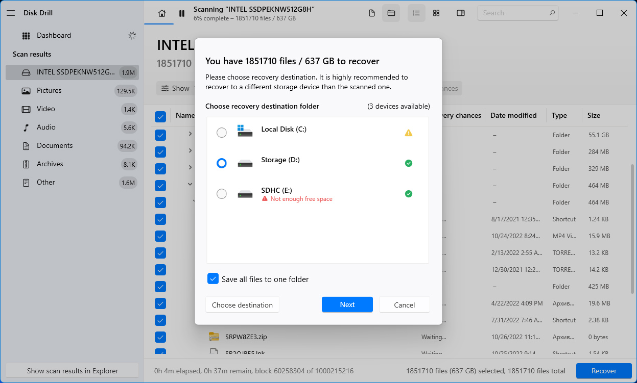 Disk Drill Recovery Destination