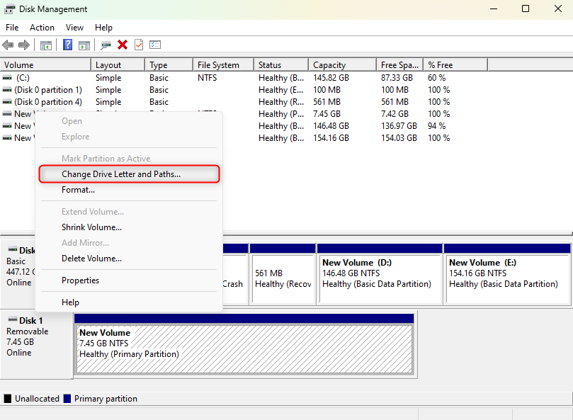 Using Disk Management console to assign a drive letter,