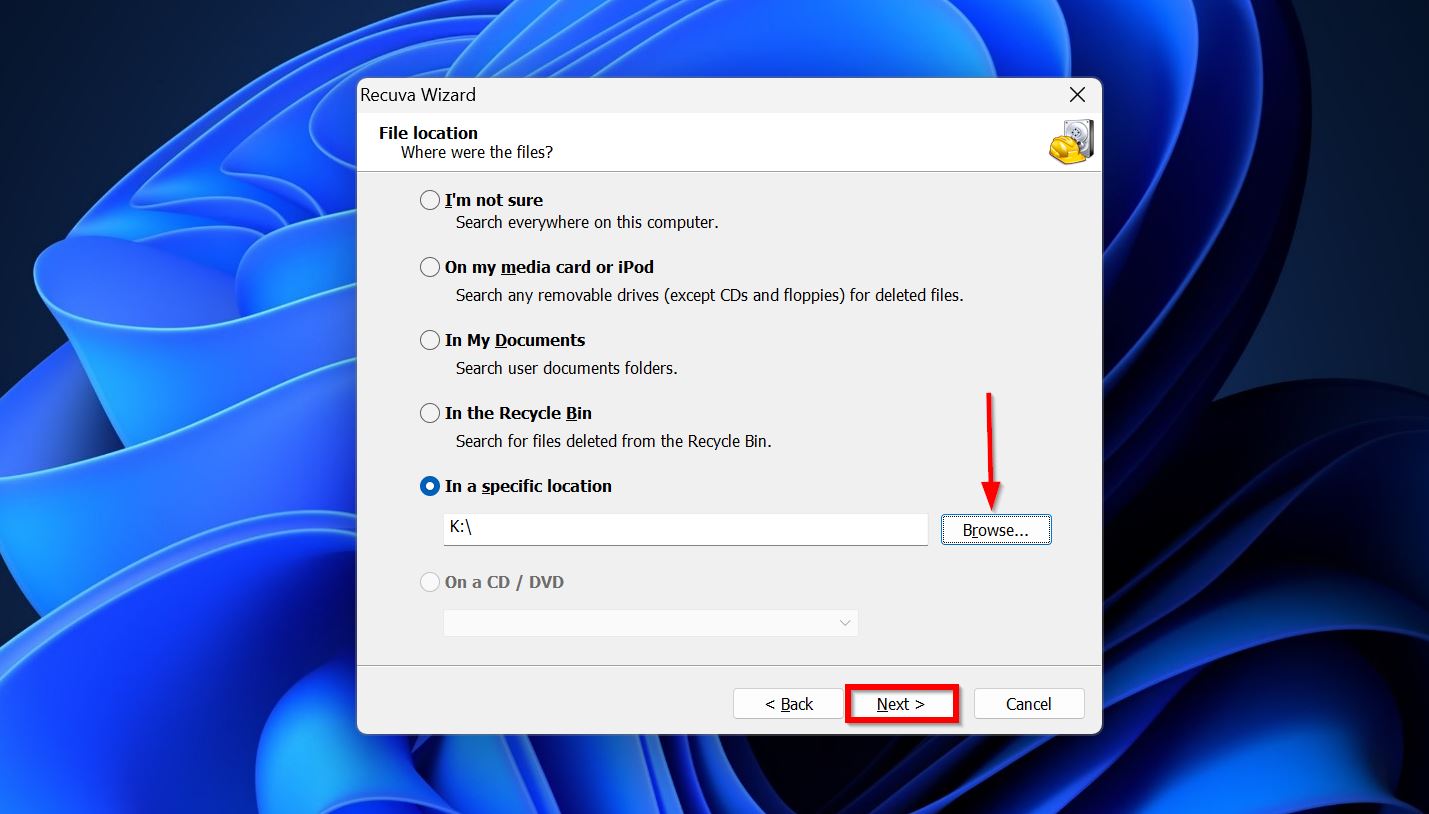Select scan location Recuva.