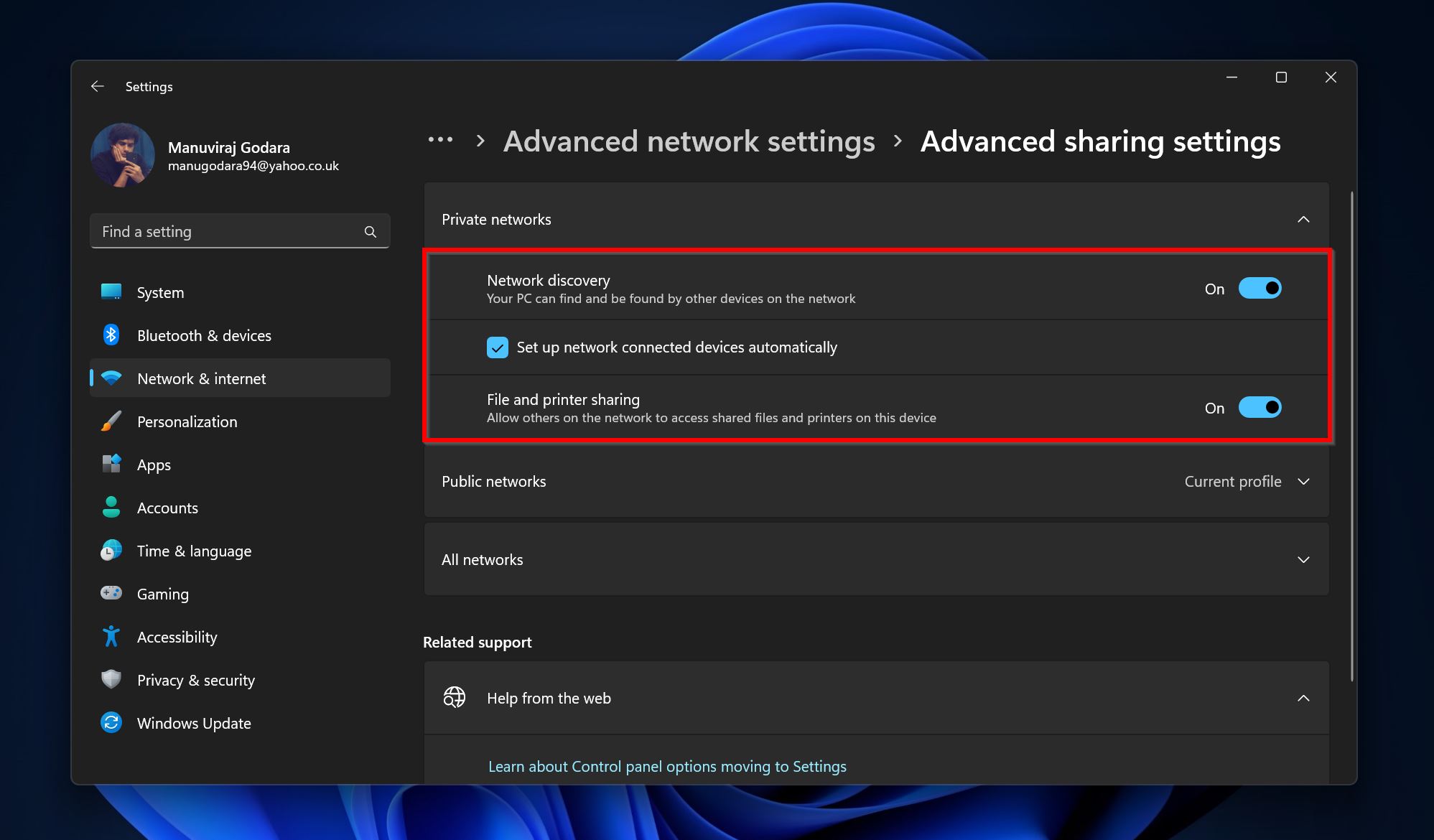 File and printer sharing options.