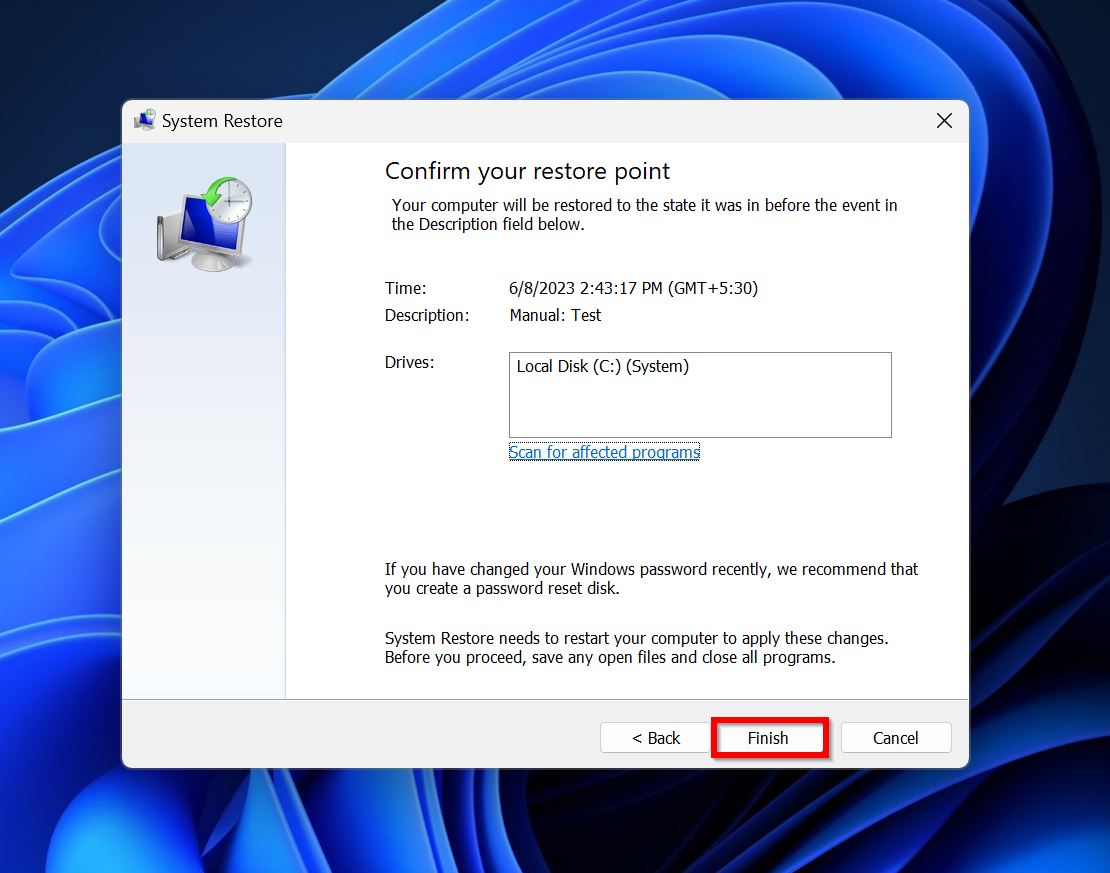 Finish System Restore.