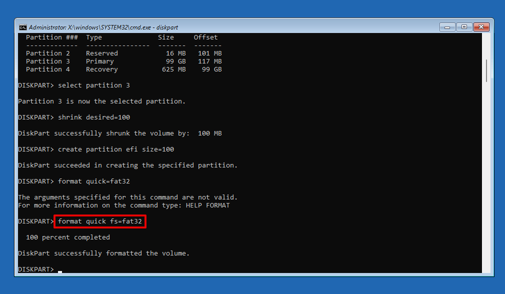 Formatting with the FAT32 file system.