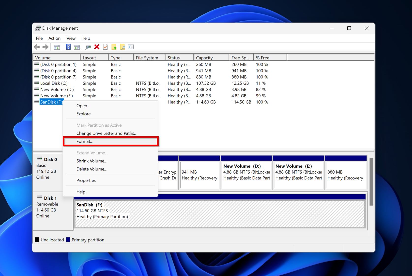 Format option in Disk Management.