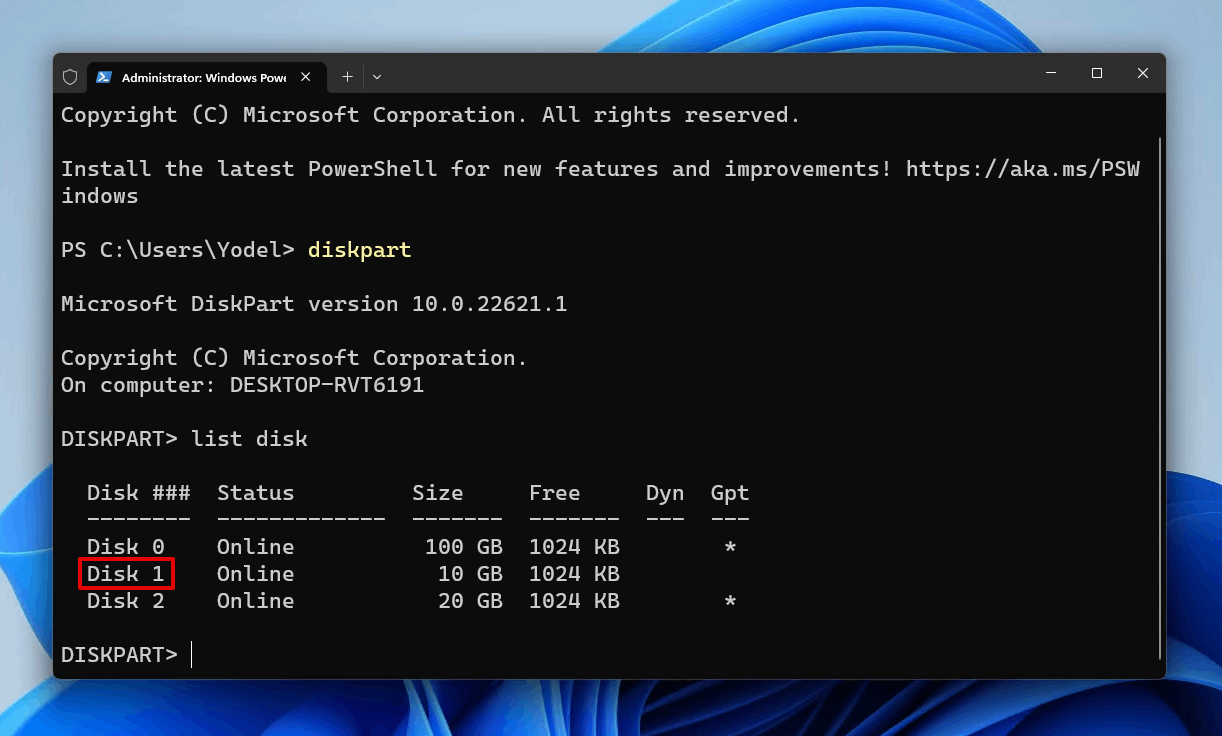 Running the list disk command.