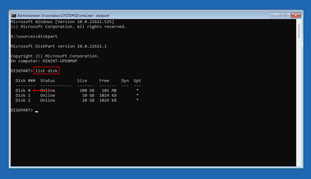 Listing the available disks.