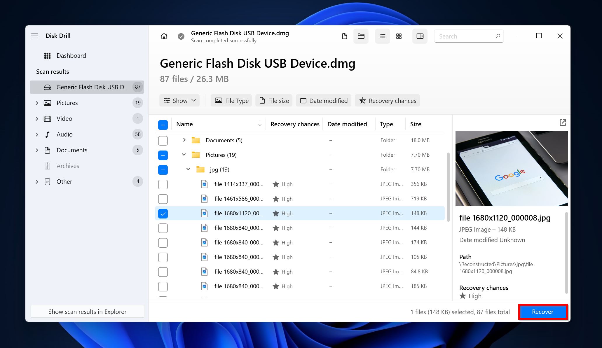 Lista över återvinningsbara filer i Disk Drill.