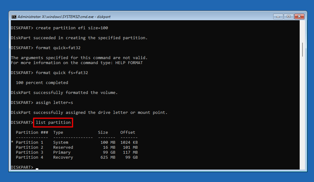 Listing the partitions again.