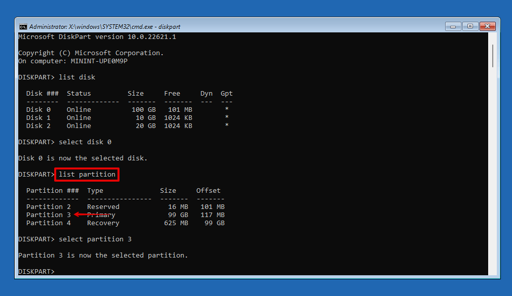 Listing the partitions.