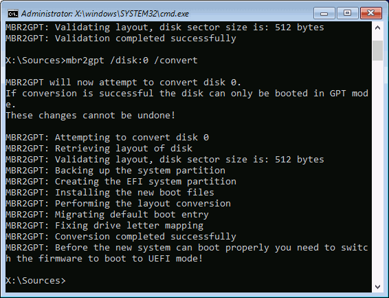 Running the MBR2GPT convert command.