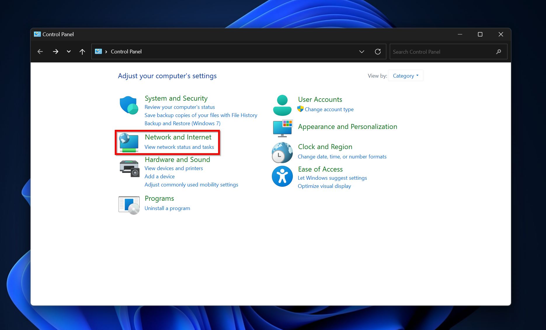 Network and internet option in the Control Panel.