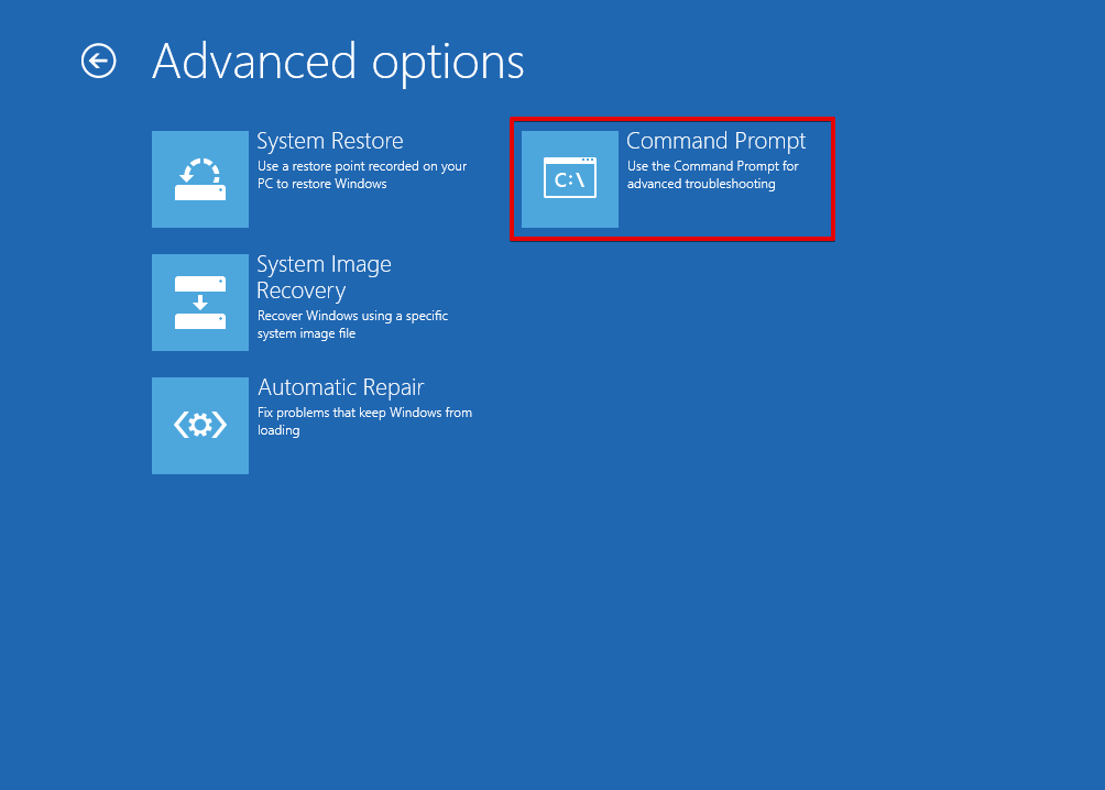 Opening Command Prompt in WinRE.