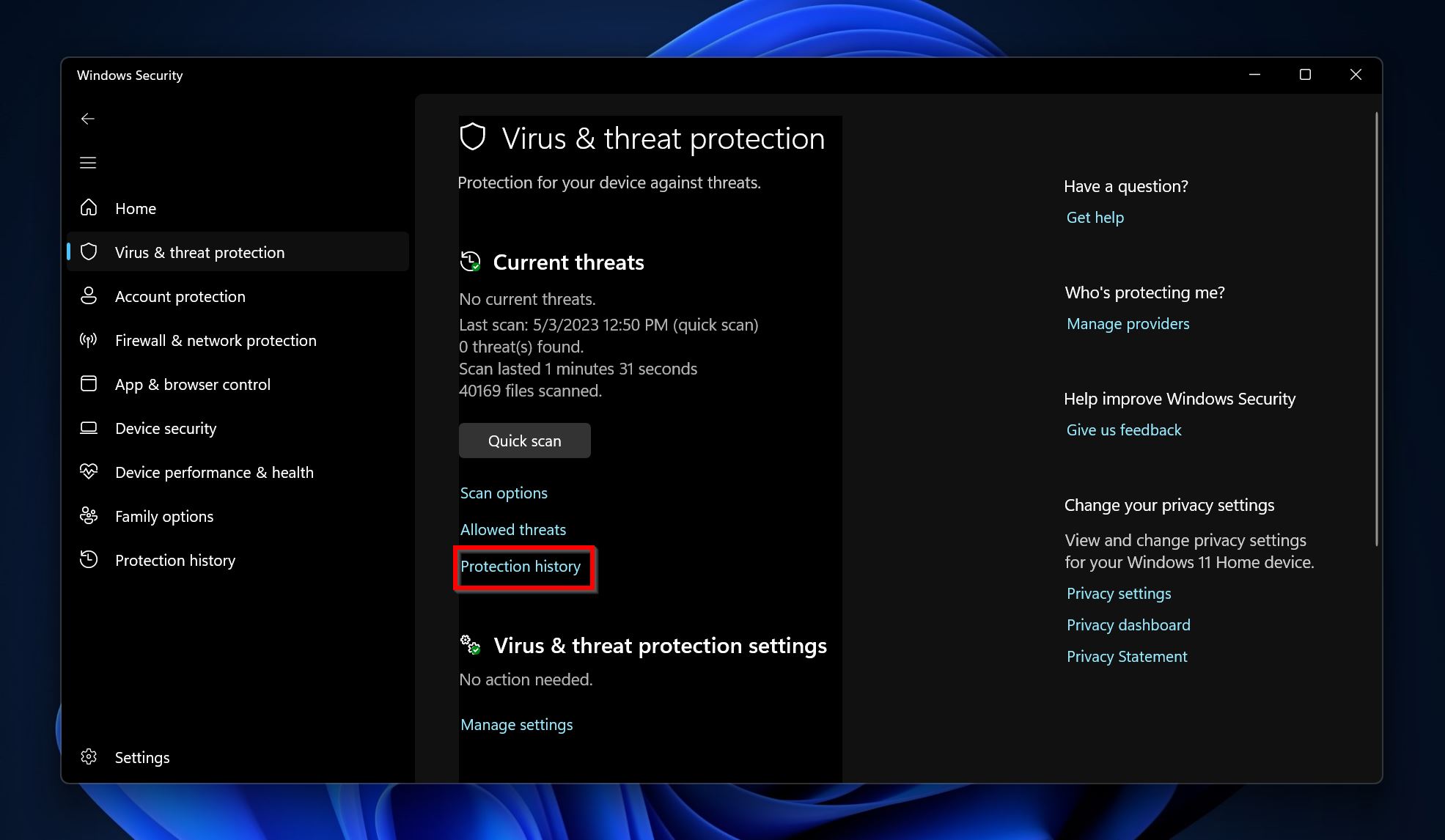 Alternativ for beskyttelseshistorikk i Windows Defender.