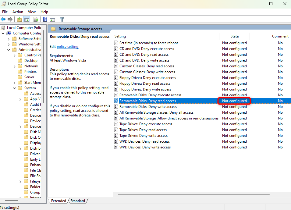 Reading the policy for removable disks.