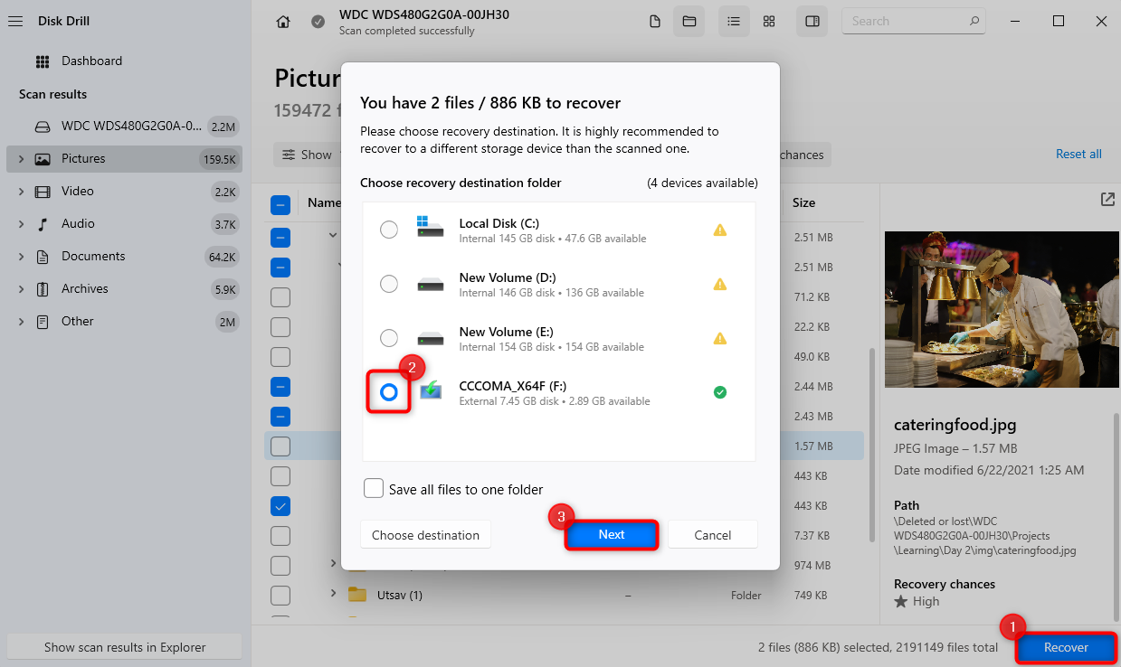 Choose a location for recovering photos using Disk Drill.