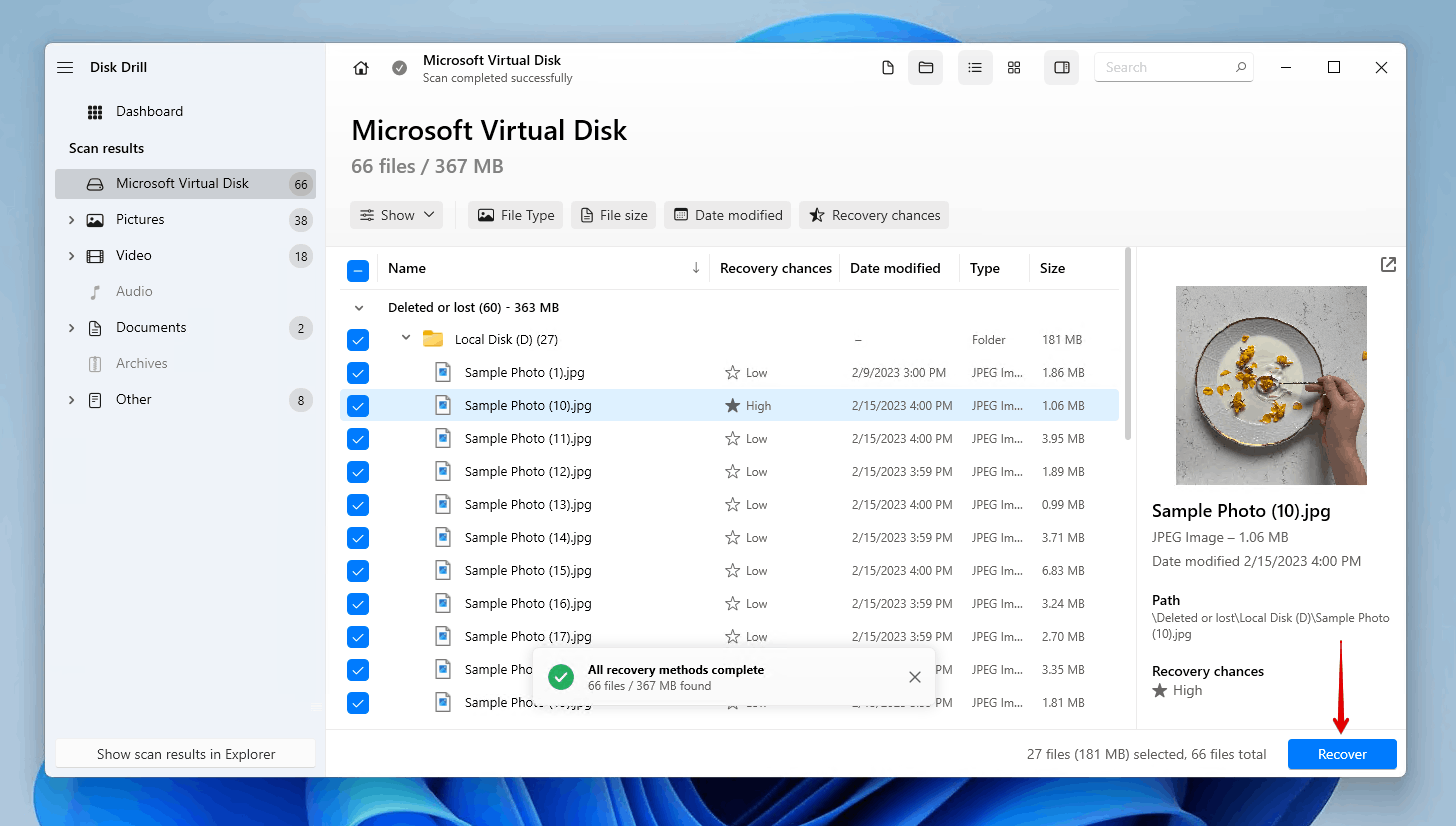 Recovering the selected data.