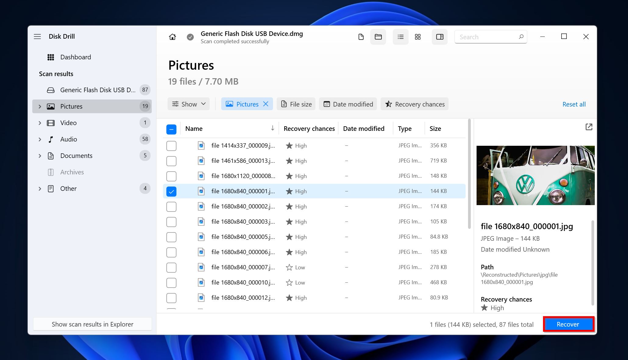 List of recoverable files in Disk Drill.