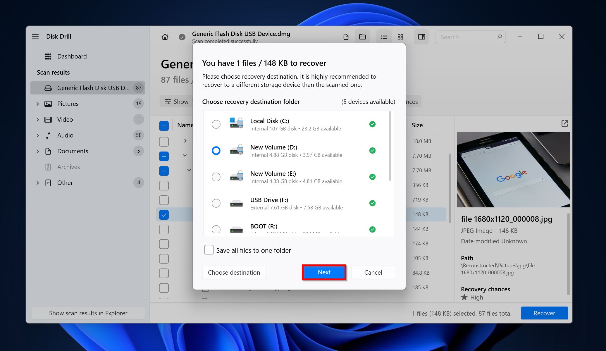 Herstelbestemming prompt in Disk Drill.