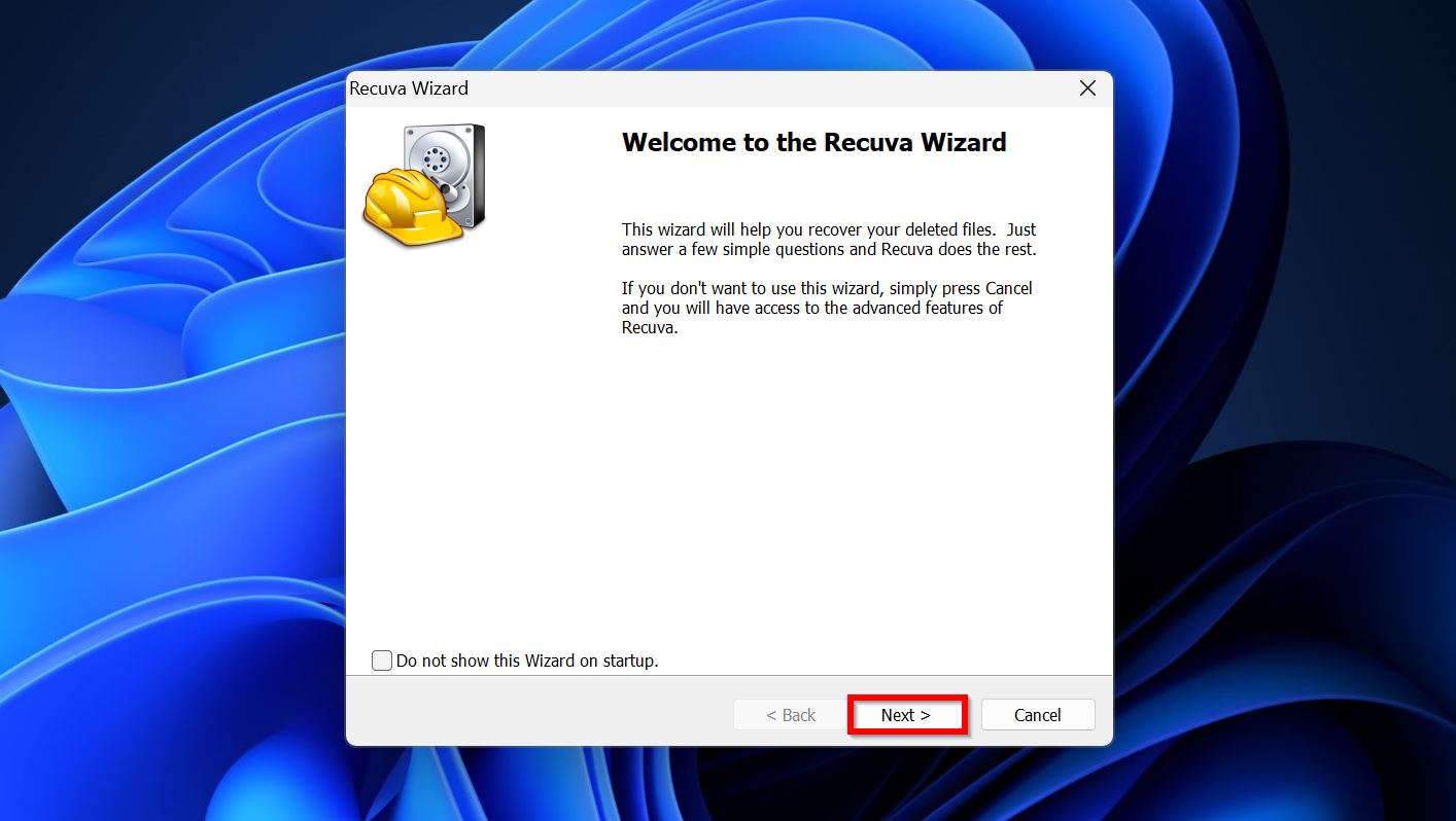 Recuva welcome screen.