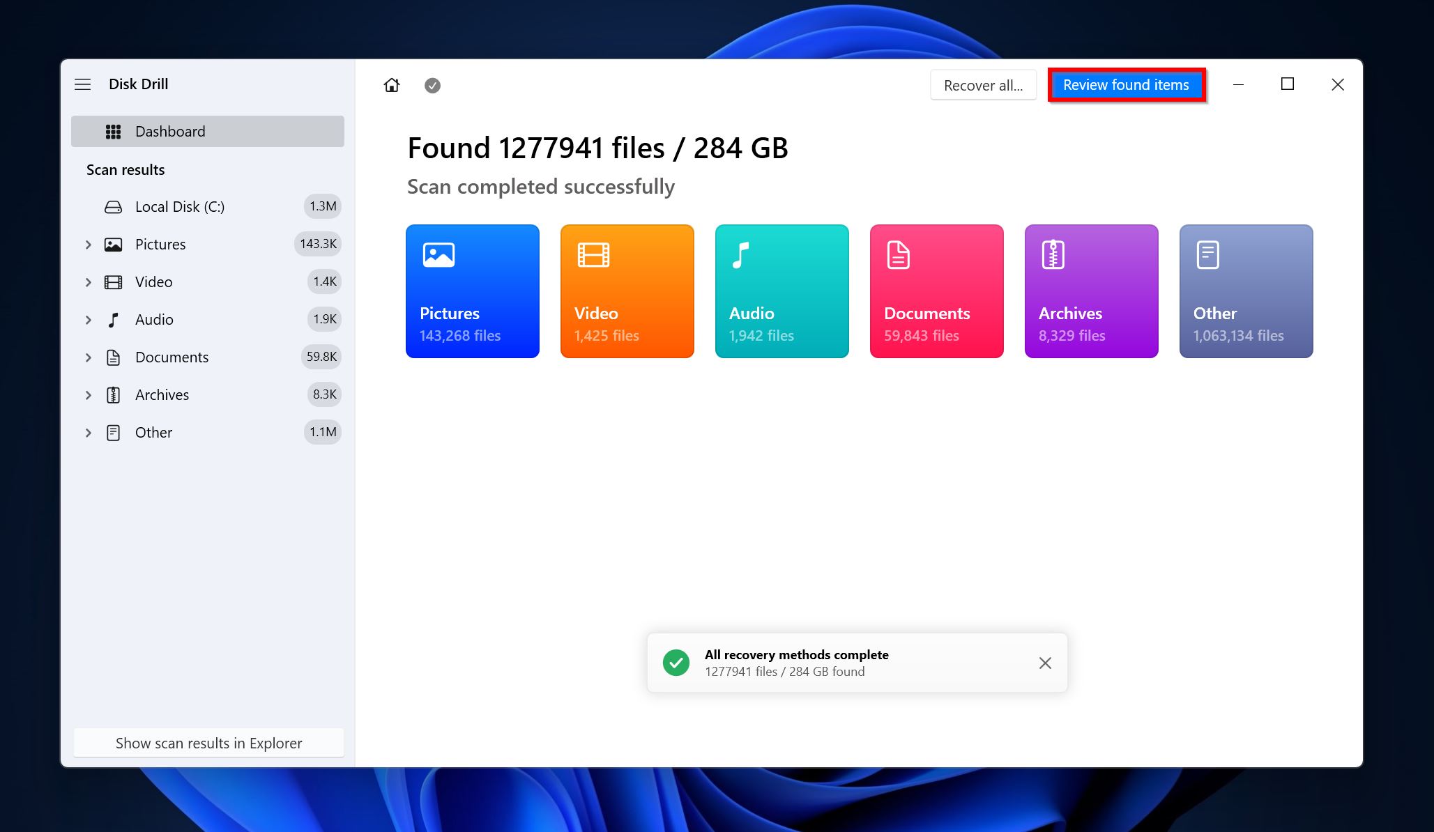 Review found options screen in Disk Drill.