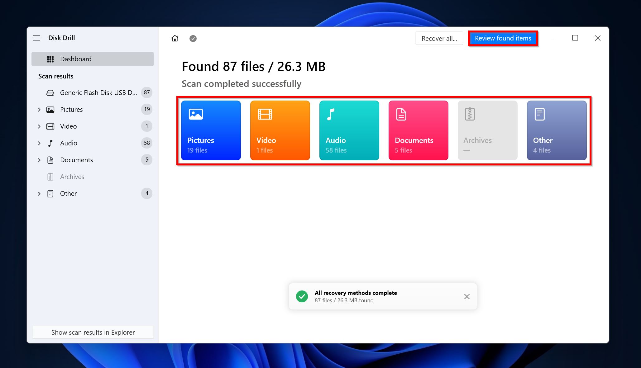 Gjennomgå funnete elementer i Disk Drill.