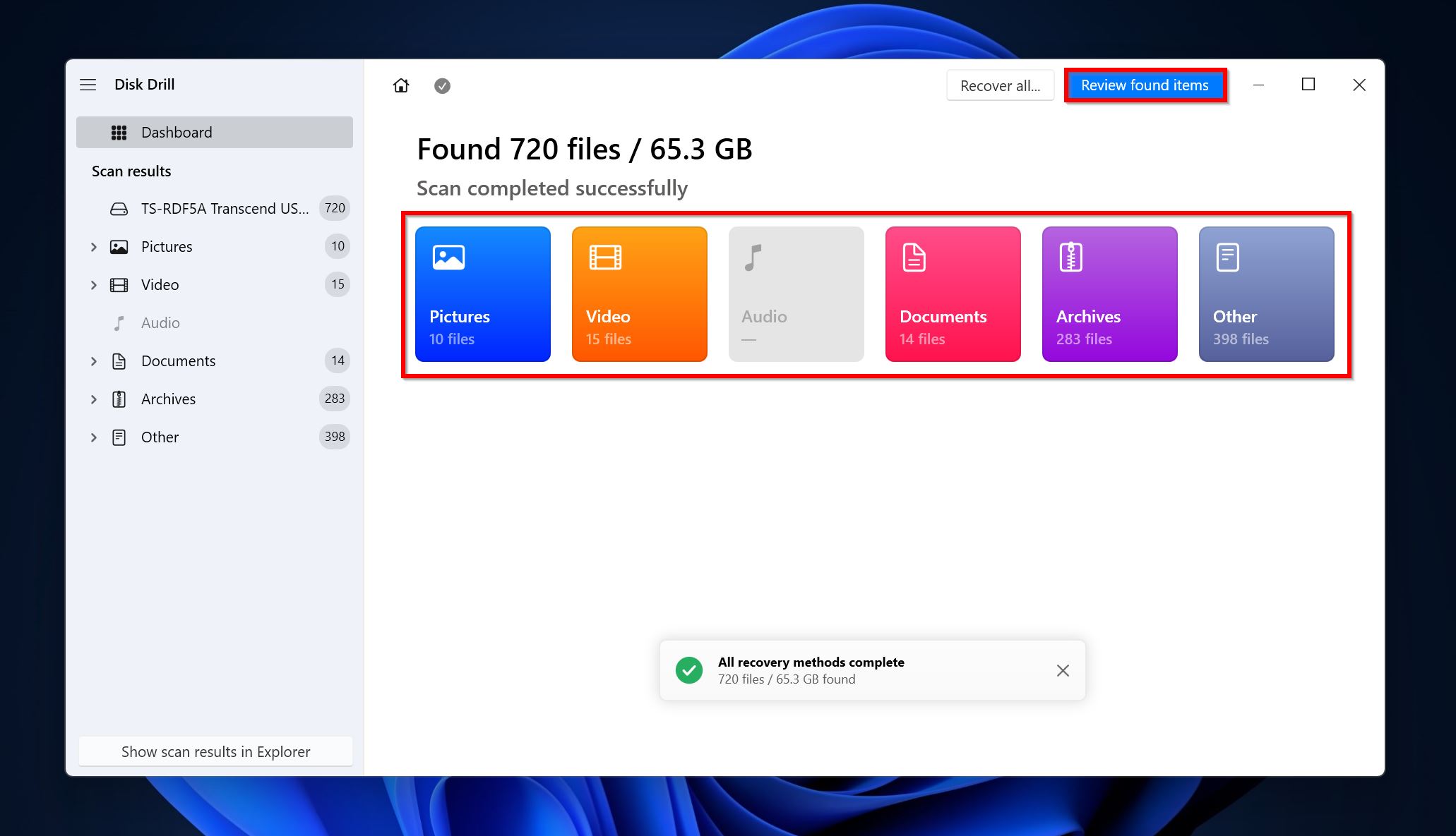 Review found items screen in Disk Drill.