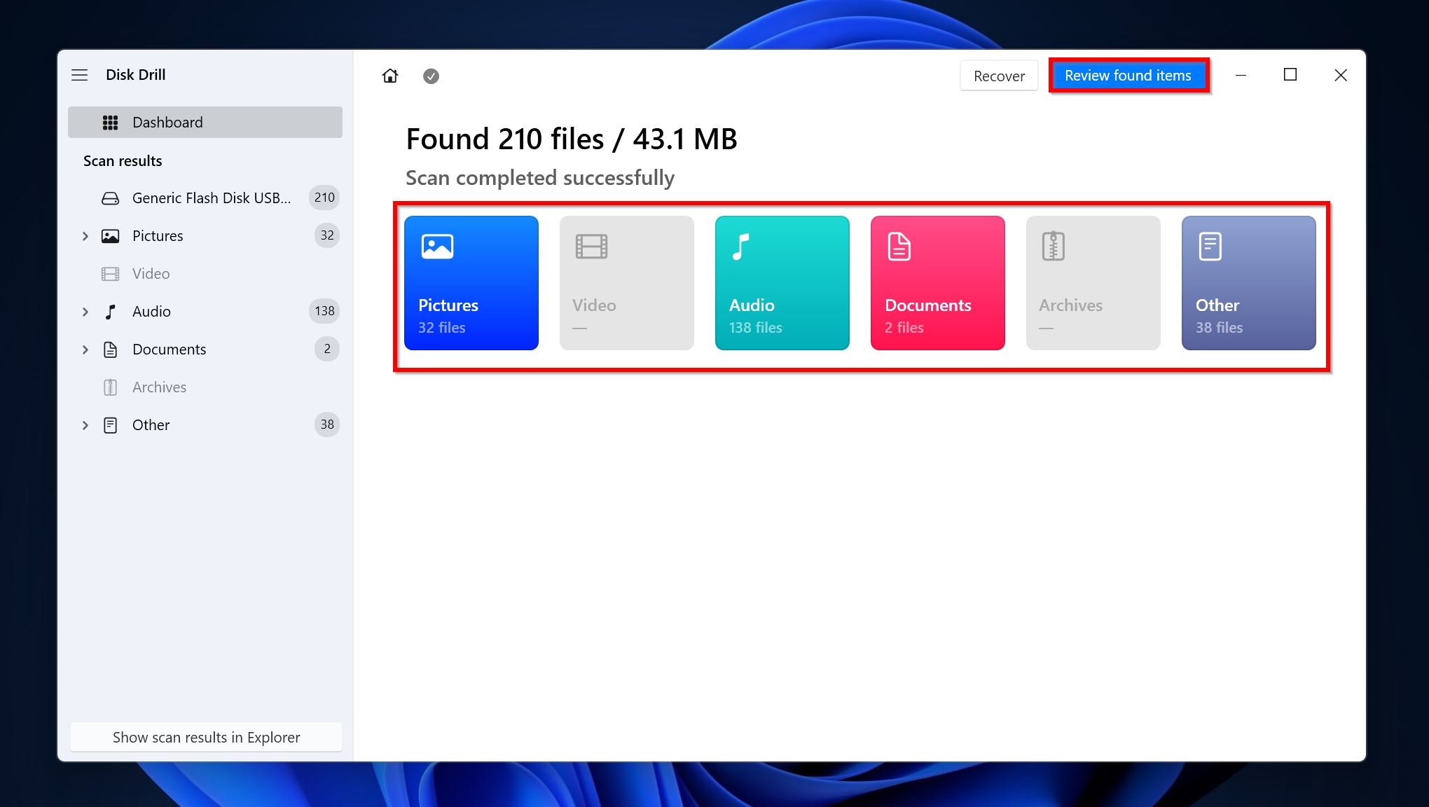 Schermata di revisione degli elementi trovati in Disk Drill.