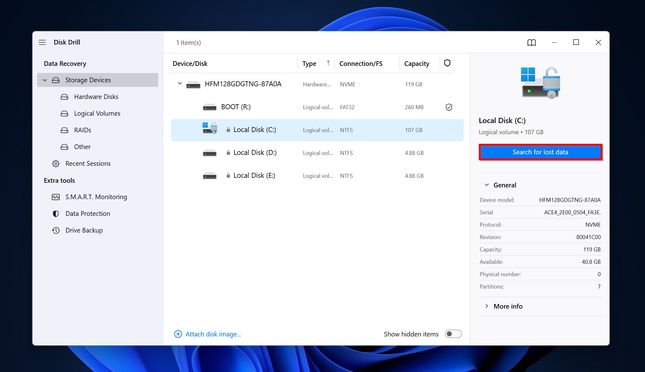 Opción de buscar datos perdidos en Disk Drill.