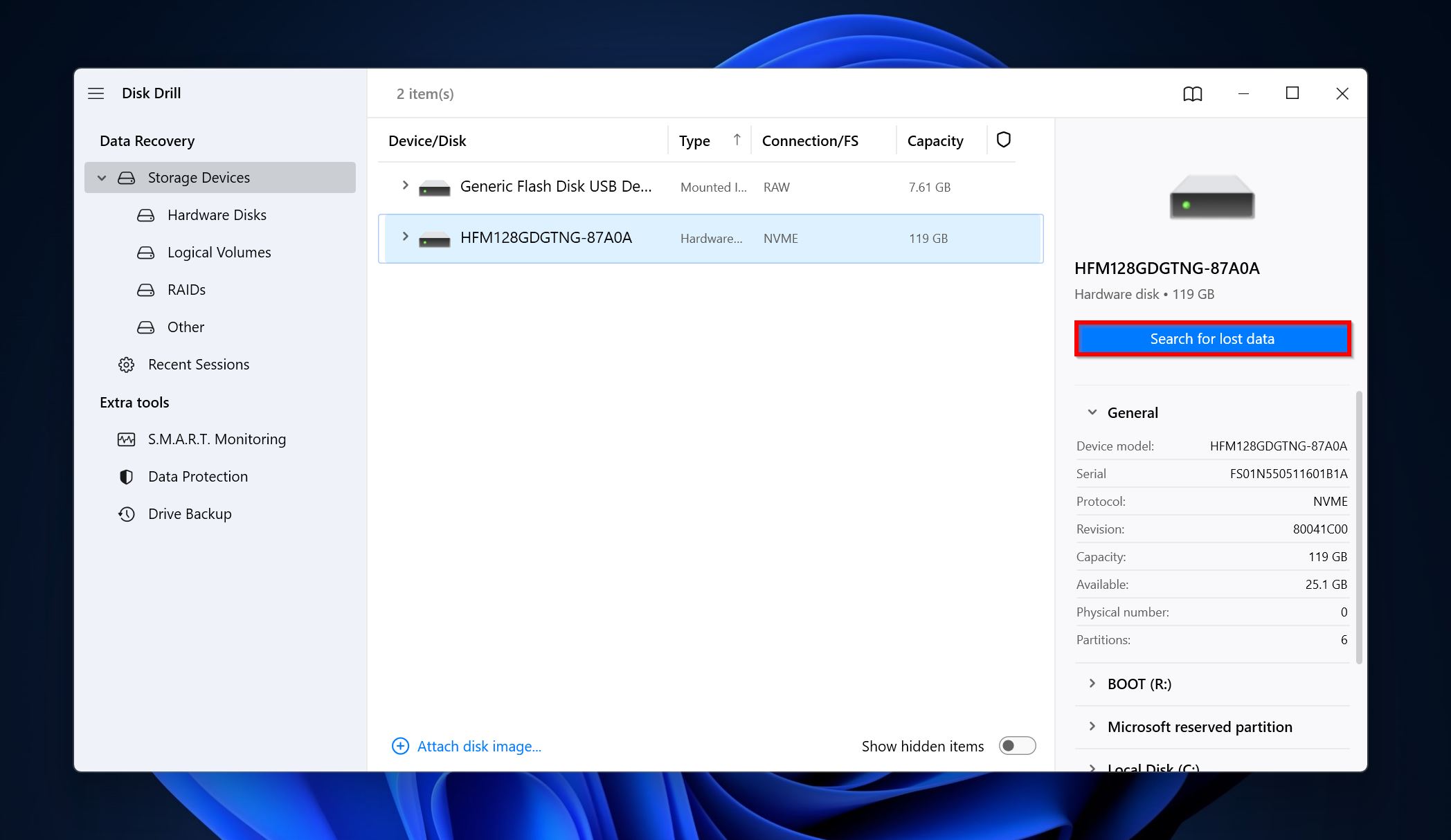 Search for lost data in Disk Drill.