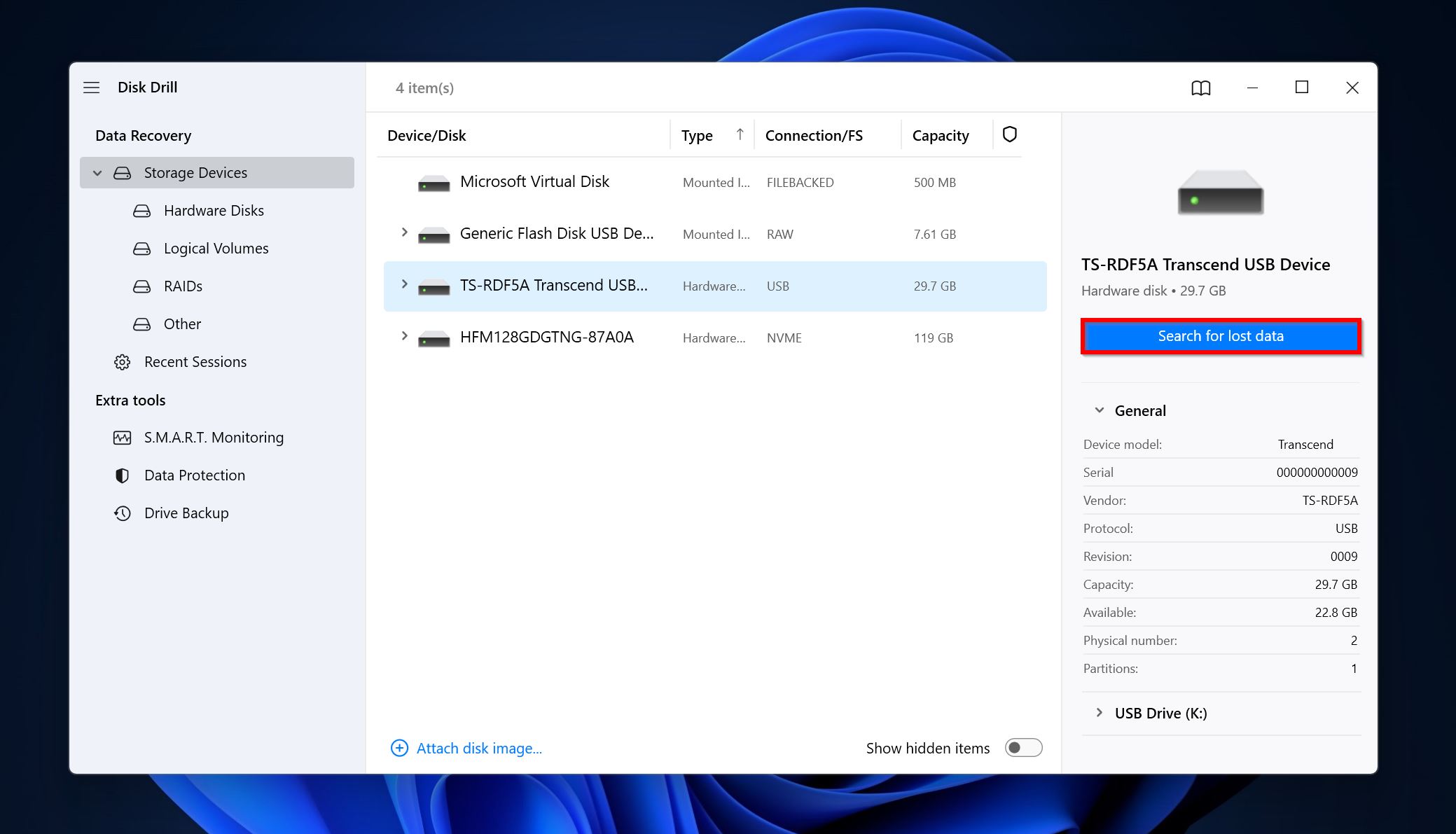 Search for lost data option in Disk Drill.